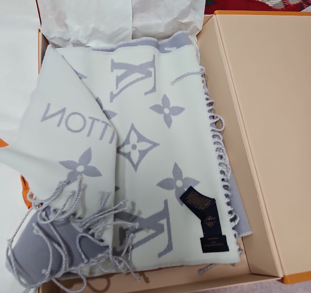 Louis Vuitton Monogram Shawl in Pale Gray & White